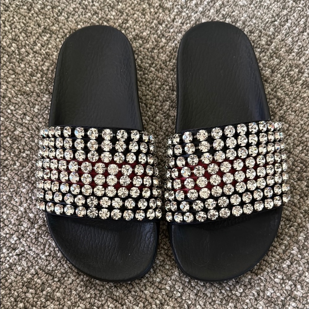 100% Authentic Gucci Slides Black and Huge Rhinestones